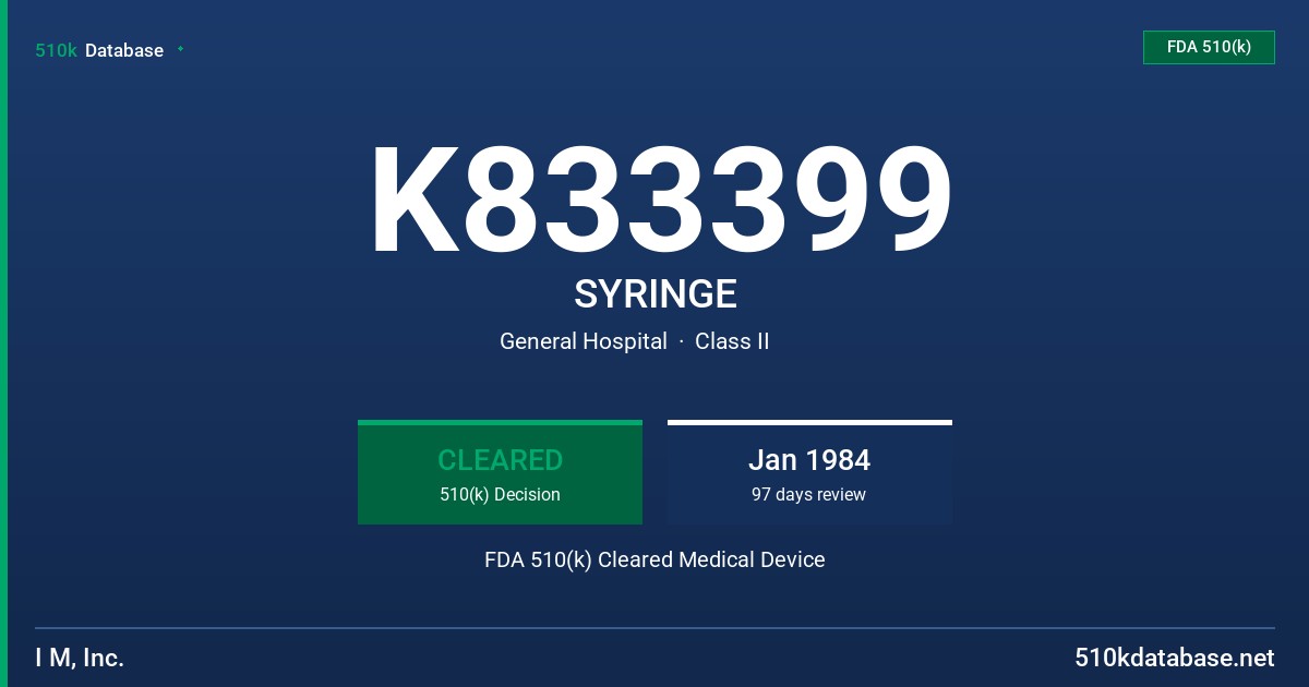 K833399 SYRINGE FDA 510(k) Cleared Medical Device