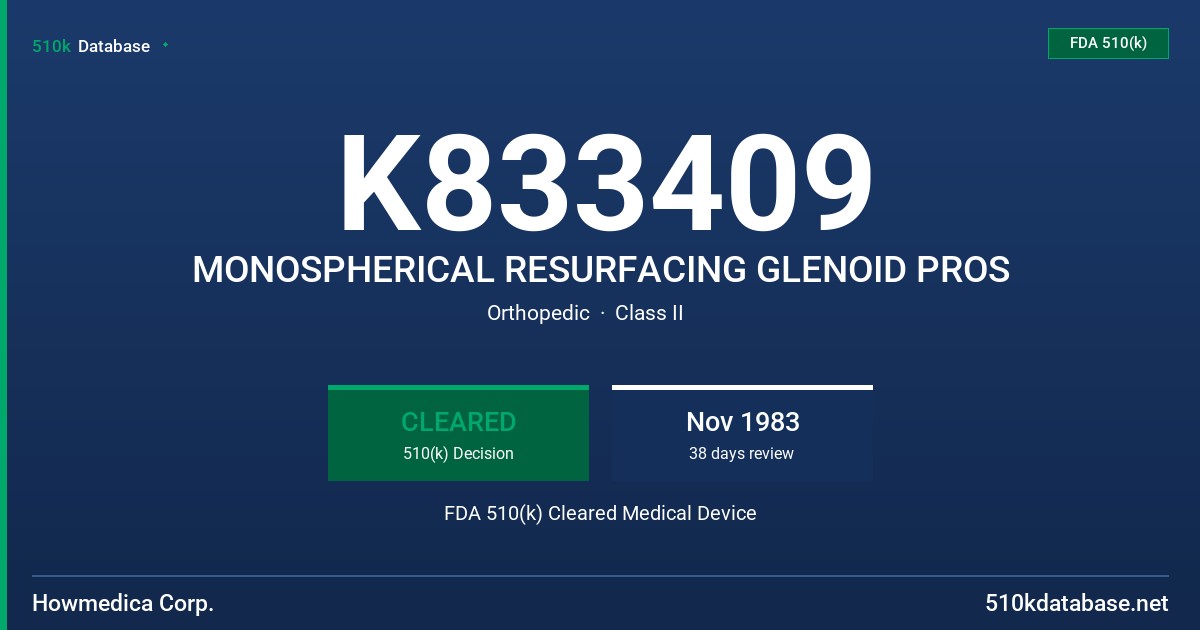 K833409 MONOSPHERICAL RESURFACING GLENOID PROS FDA 510(k) Cleared Medical Device