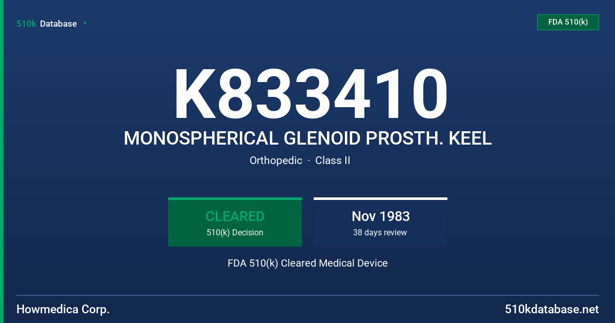 K833410 MONOSPHERICAL GLENOID PROSTH. KEEL FDA 510(k) Cleared Medical Device