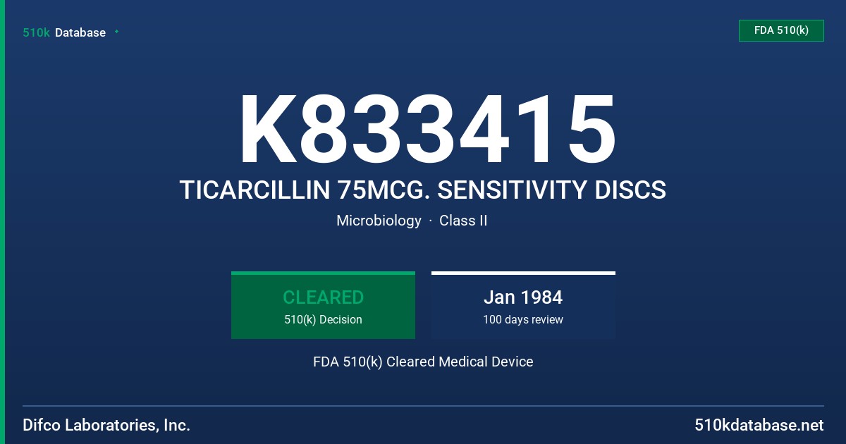 K833415 TICARCILLIN 75MCG. SENSITIVITY DISCS FDA 510(k) Cleared Medical Device