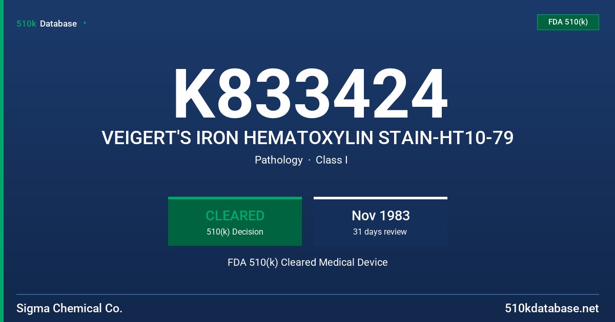 K833424 VEIGERT'S IRON HEMATOXYLIN STAIN-HT10-79 FDA 510(k) Cleared Medical Device