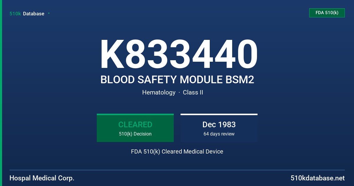 K833440 BLOOD SAFETY MODULE BSM2 FDA 510(k) Cleared Medical Device