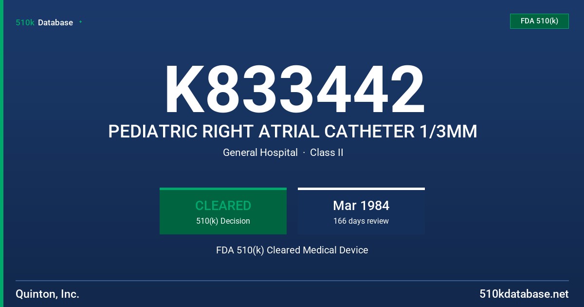K833442 PEDIATRIC RIGHT ATRIAL CATHETER 1/3MM FDA 510(k) Cleared Medical Device