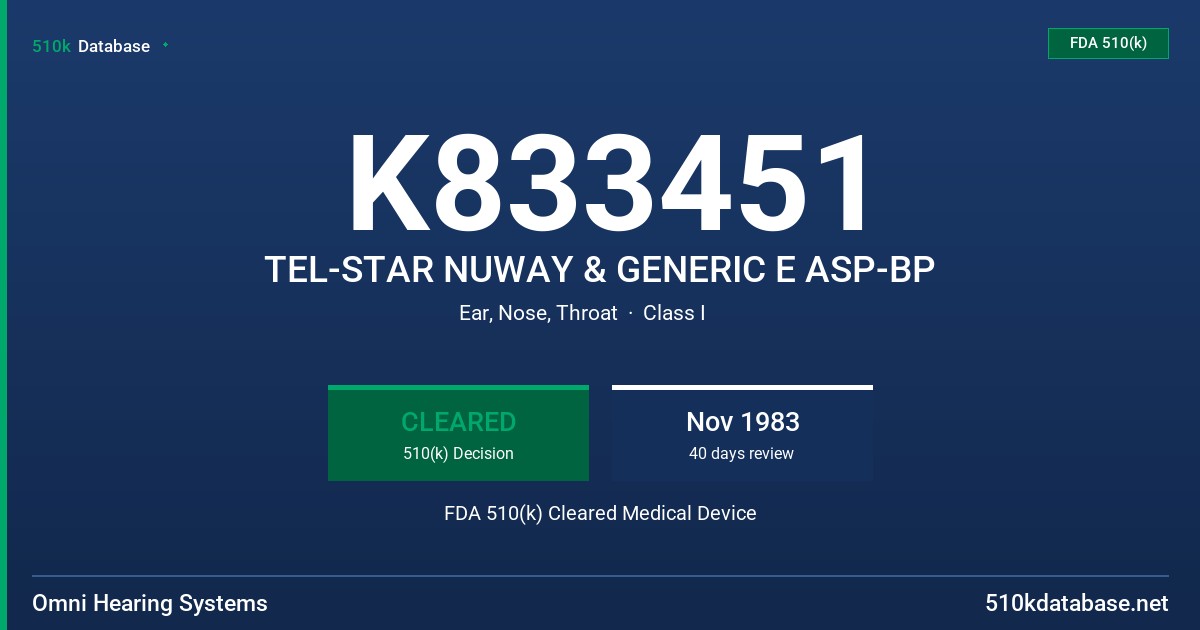 K833451 TEL-STAR NUWAY & GENERIC E ASP-BP FDA 510(k) Cleared Medical Device