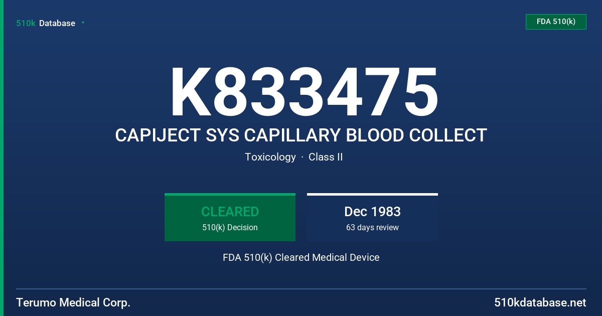 K833475 CAPIJECT SYS CAPILLARY BLOOD COLLECT FDA 510(k) Cleared Medical Device