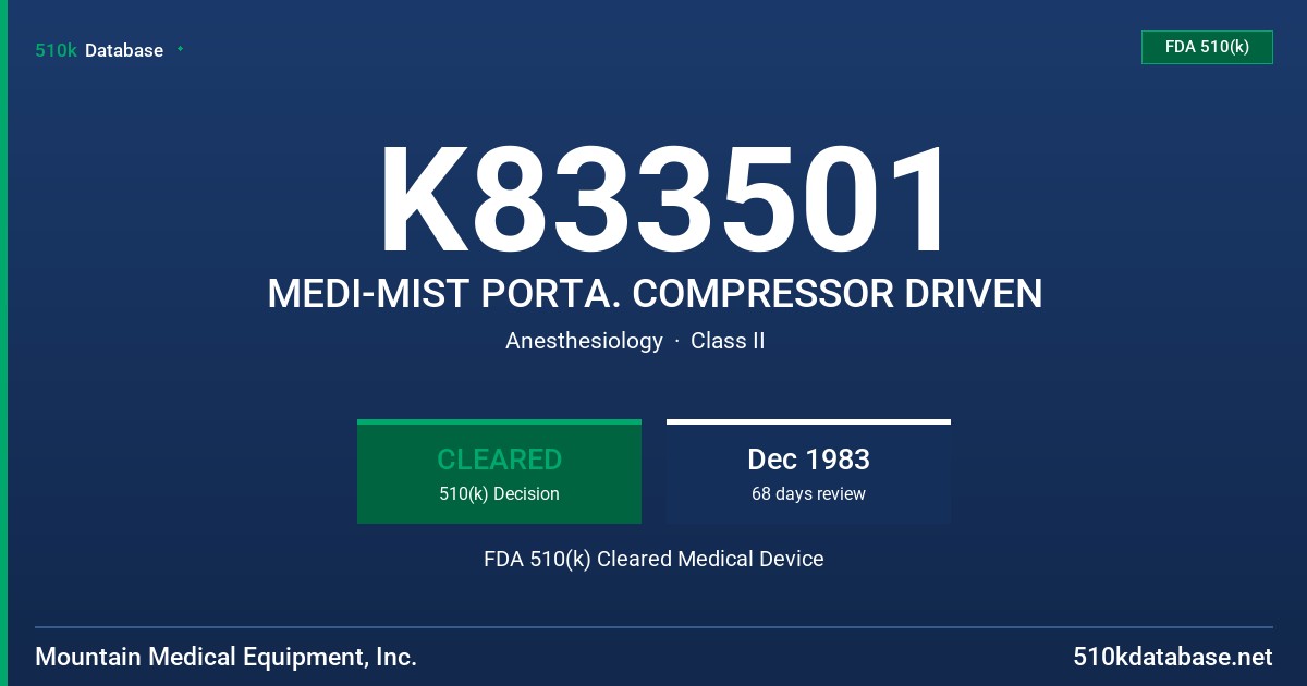K833501 MEDI-MIST PORTA. COMPRESSOR DRIVEN FDA 510(k) Cleared Medical Device