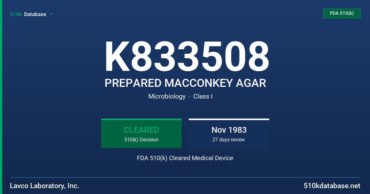 K833508 PREPARED MACCONKEY AGAR FDA 510(k) Cleared Medical Device