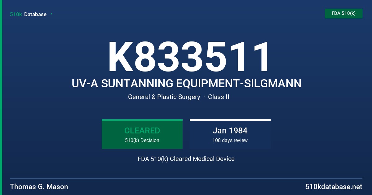 K833511 UV-A SUNTANNING EQUIPMENT-SILGMANN FDA 510(k) Cleared Medical Device