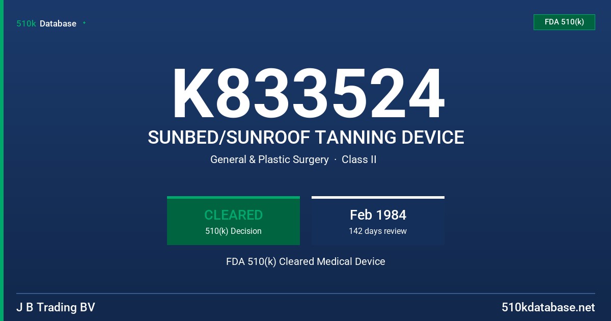 K833524 SUNBED/SUNROOF TANNING DEVICE FDA 510(k) Cleared Medical Device