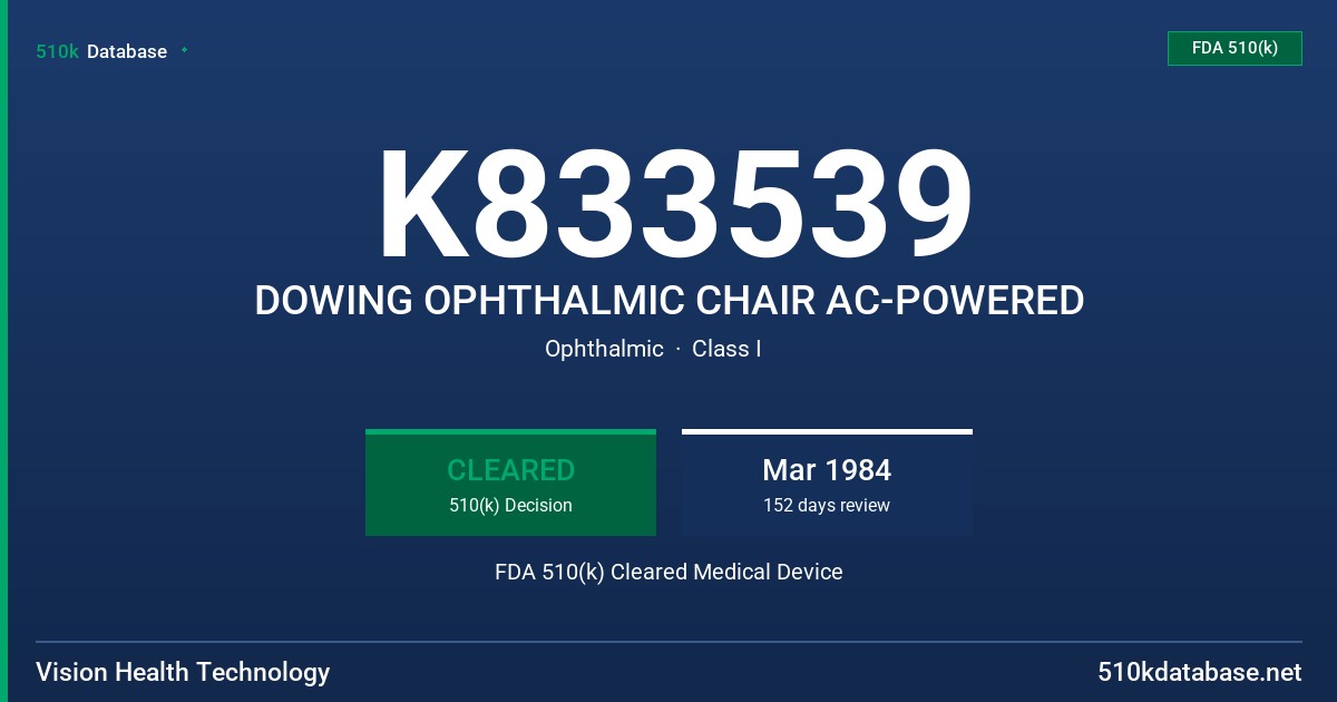 K833539 DOWING OPHTHALMIC CHAIR AC-POWERED FDA 510(k) Cleared Medical Device