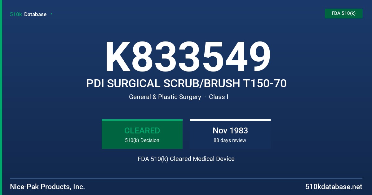 K833549 PDI SURGICAL SCRUB/BRUSH T150-70 FDA 510(k) Cleared Medical Device