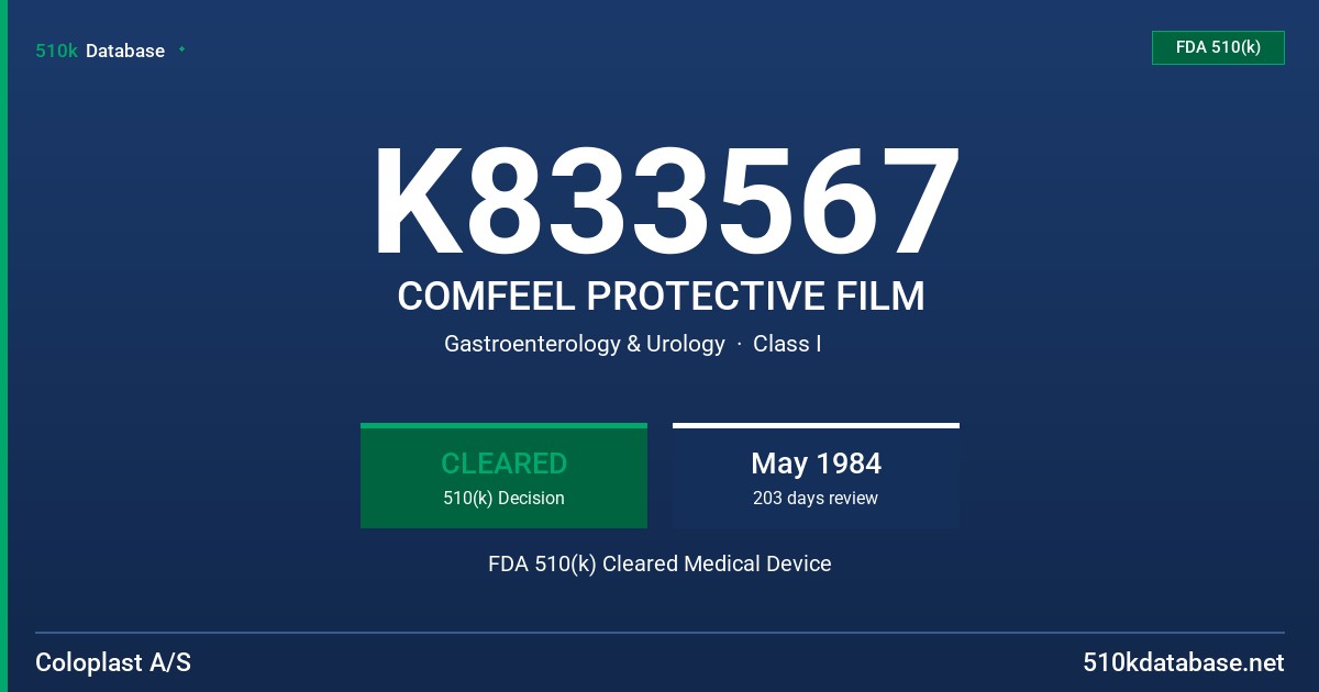 K833567 COMFEEL PROTECTIVE FILM FDA 510(k) Cleared Medical Device