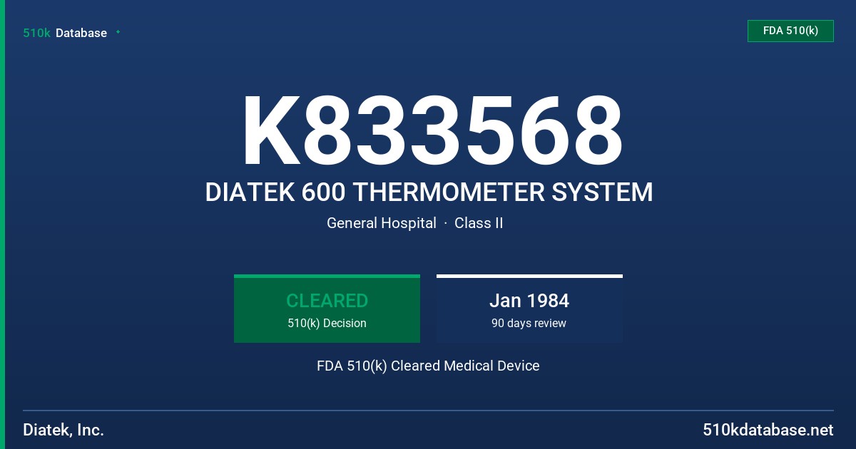 K833568 DIATEK 600 THERMOMETER SYSTEM FDA 510(k) Cleared Medical Device