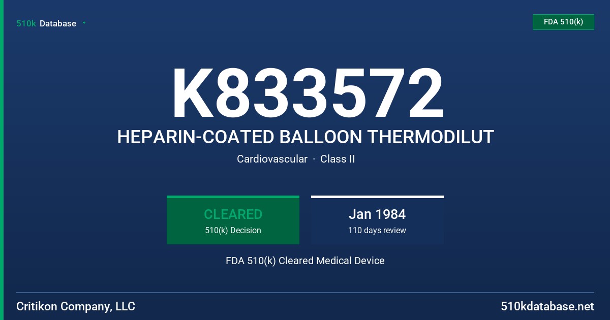 K833572 HEPARIN-COATED BALLOON THERMODILUT FDA 510(k) Cleared Medical Device