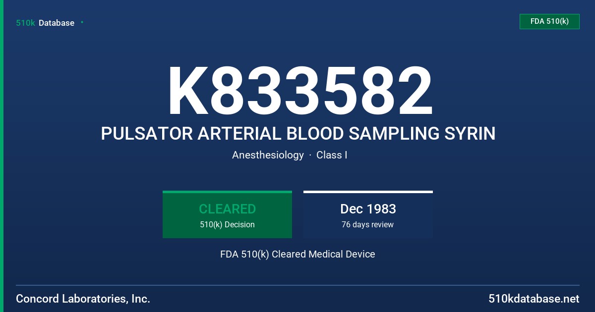 K833582 PULSATOR ARTERIAL BLOOD SAMPLING SYRIN FDA 510(k) Cleared Medical Device