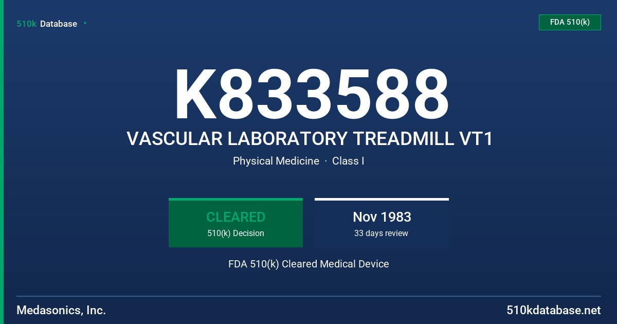 K833588 VASCULAR LABORATORY TREADMILL VT1 FDA 510(k) Cleared Medical Device