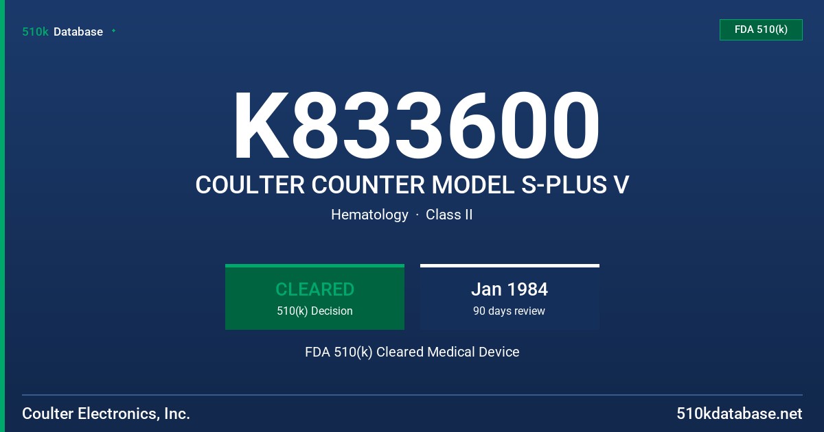 K833600 COULTER COUNTER MODEL S-PLUS V FDA 510(k) Cleared Medical Device