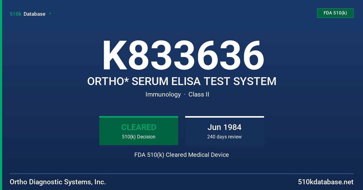 K833636 ORTHO* SERUM ELISA TEST SYSTEM FDA 510(k) Cleared Medical Device