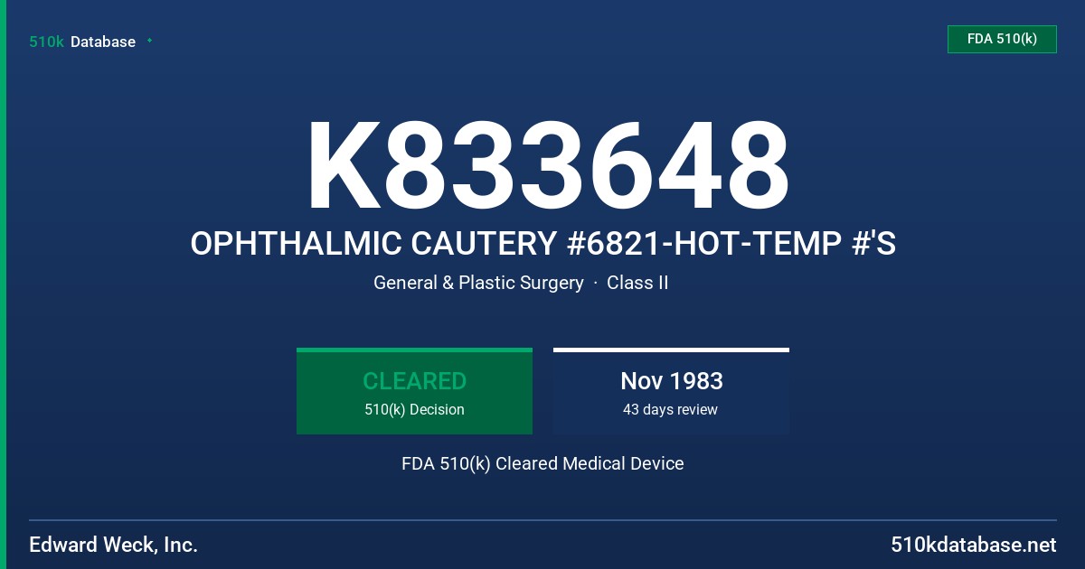 K833648 OPHTHALMIC CAUTERY #6821-HOT-TEMP #'S FDA 510(k) Cleared Medical Device