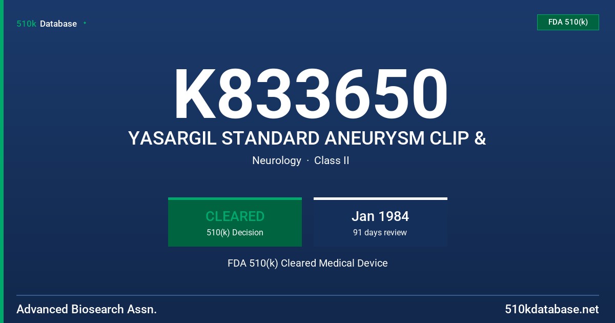 K833650 YASARGIL STANDARD ANEURYSM CLIP & FDA 510(k) Cleared Medical Device