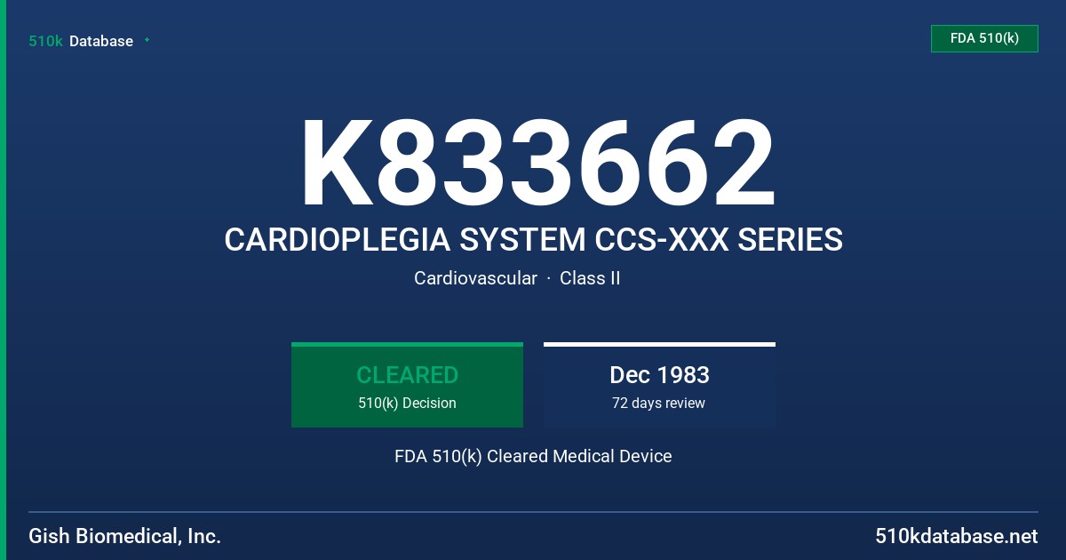 K833662 CARDIOPLEGIA SYSTEM CCS-XXX SERIES FDA 510(k) Cleared Medical Device