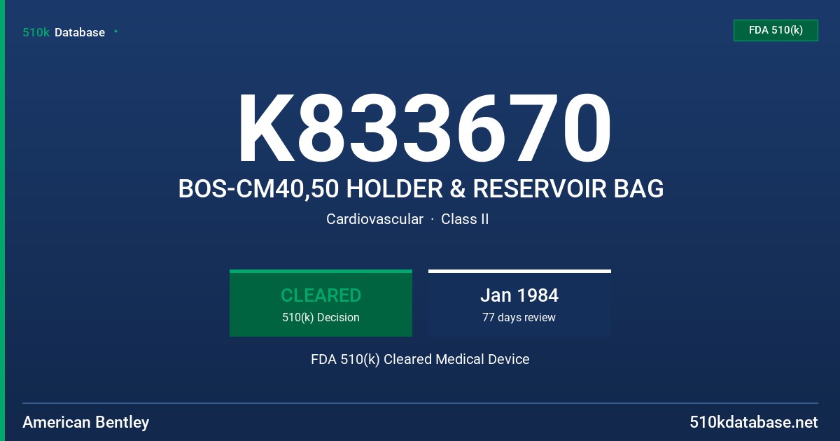 K833670 BOS-CM40,50 HOLDER & RESERVOIR BAG FDA 510(k) Cleared Medical Device