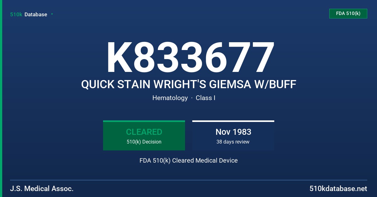 K833677 QUICK STAIN WRIGHT'S GIEMSA W/BUFF FDA 510(k) Cleared Medical Device