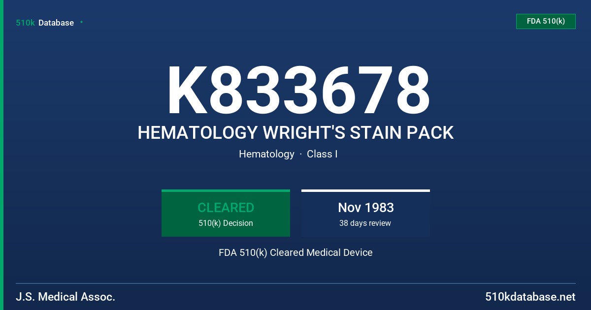 K833678 HEMATOLOGY WRIGHT'S STAIN PACK FDA 510(k) Cleared Medical Device