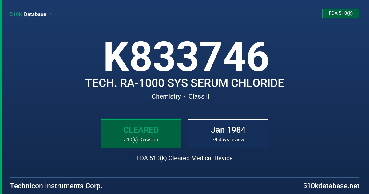 K833746 TECH. RA-1000 SYS SERUM CHLORIDE FDA 510(k) Cleared Medical Device