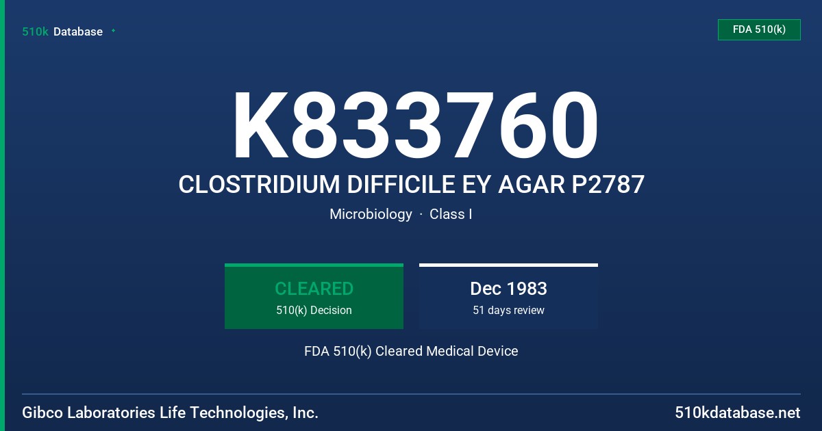 K833760 CLOSTRIDIUM DIFFICILE EY AGAR P2787 FDA 510(k) Cleared Medical Device
