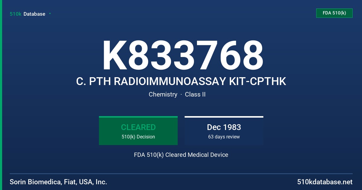 K833768 C. PTH RADIOIMMUNOASSAY KIT-CPTHK FDA 510(k) Cleared Medical Device