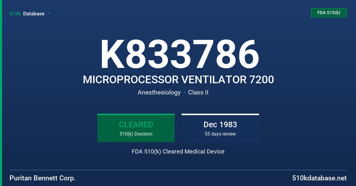 K833786 MICROPROCESSOR VENTILATOR 7200 FDA 510(k) Cleared Medical Device