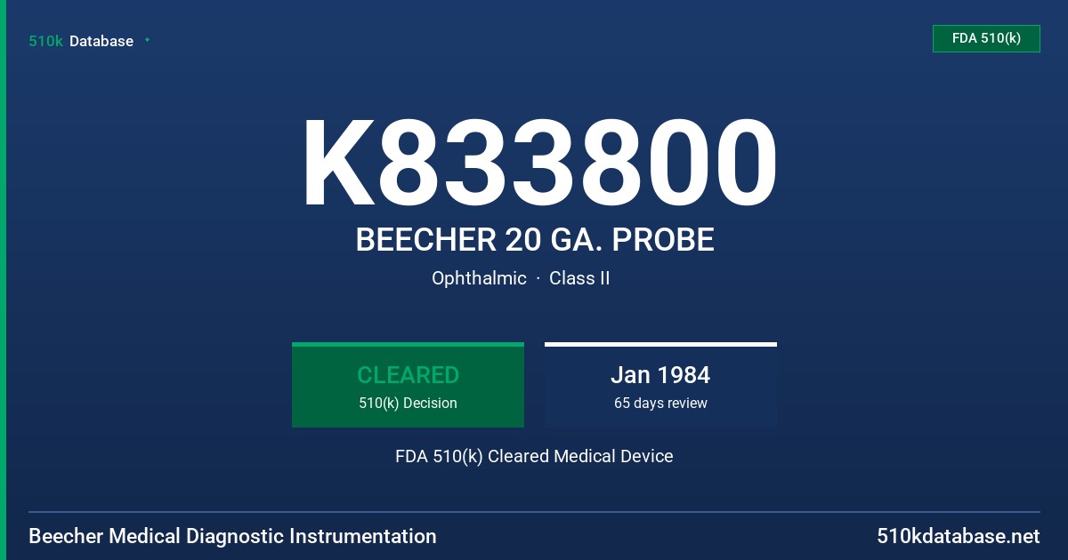 K833800 BEECHER 20 GA. PROBE FDA 510(k) Cleared Medical Device