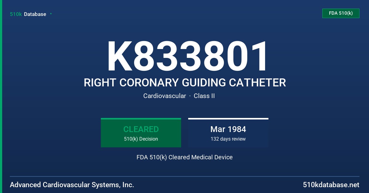K833801 RIGHT CORONARY GUIDING CATHETER FDA 510(k) Cleared Medical Device