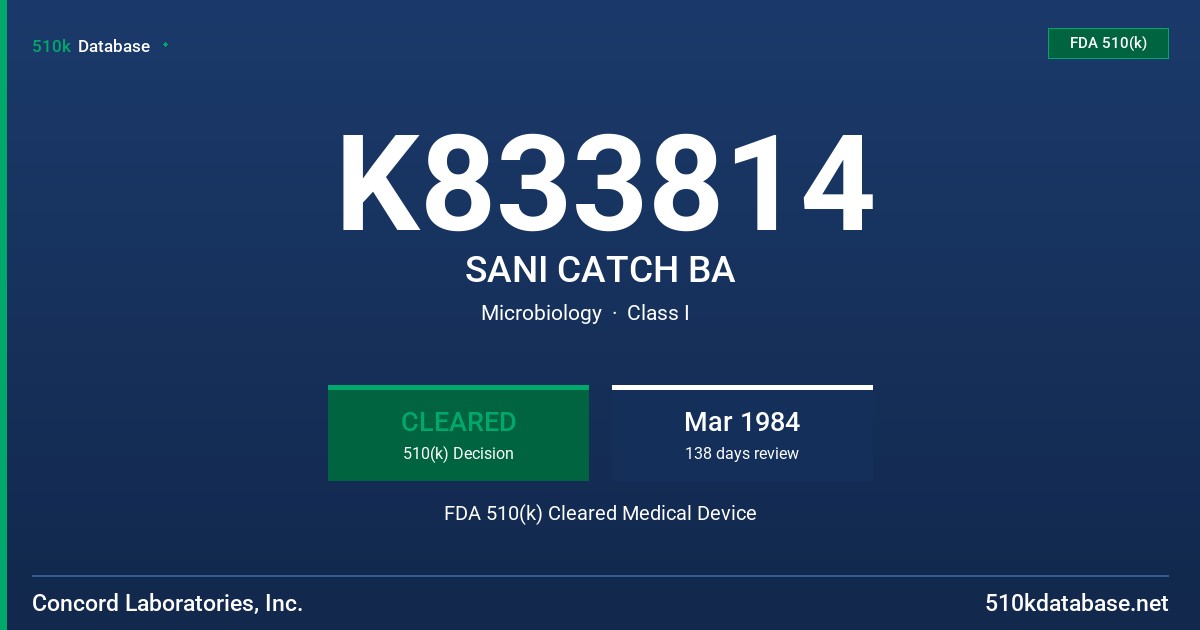 K833814 SANI CATCH BA FDA 510(k) Cleared Medical Device