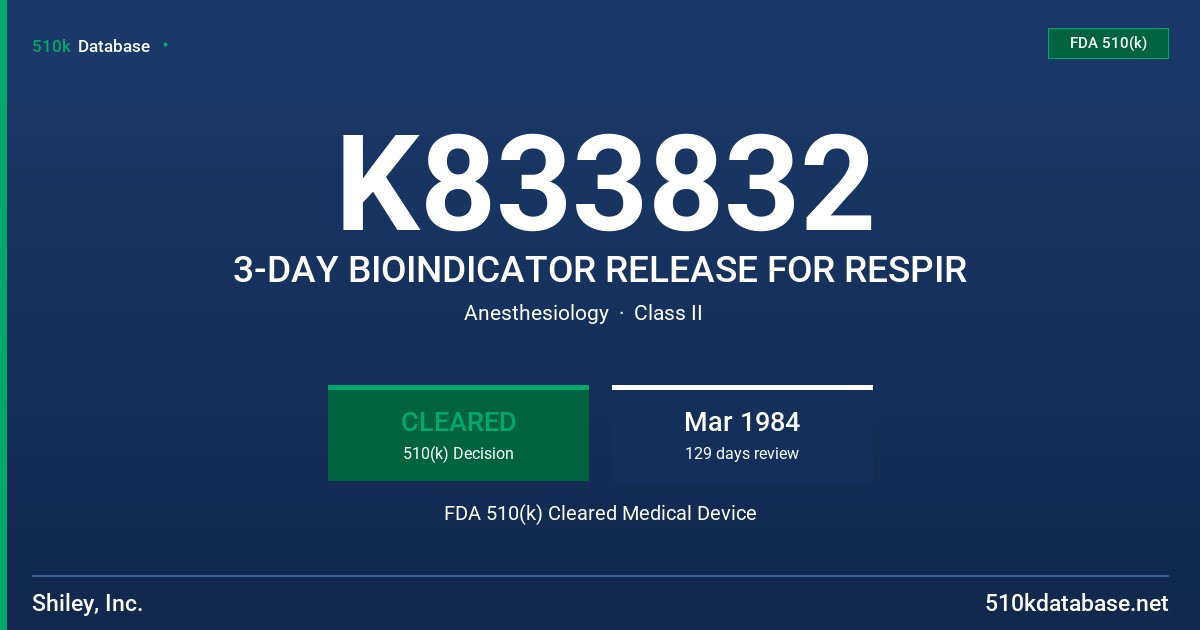 K833832 3-DAY BIOINDICATOR RELEASE FOR RESPIR FDA 510(k) Cleared Medical Device