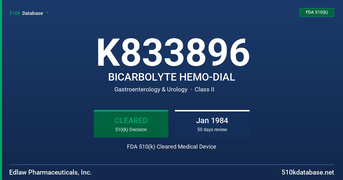 K833896 BICARBOLYTE HEMO-DIAL FDA 510(k) Cleared Medical Device