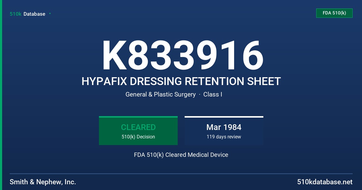 K833916 HYPAFIX DRESSING RETENTION SHEET FDA 510(k) Cleared Medical Device