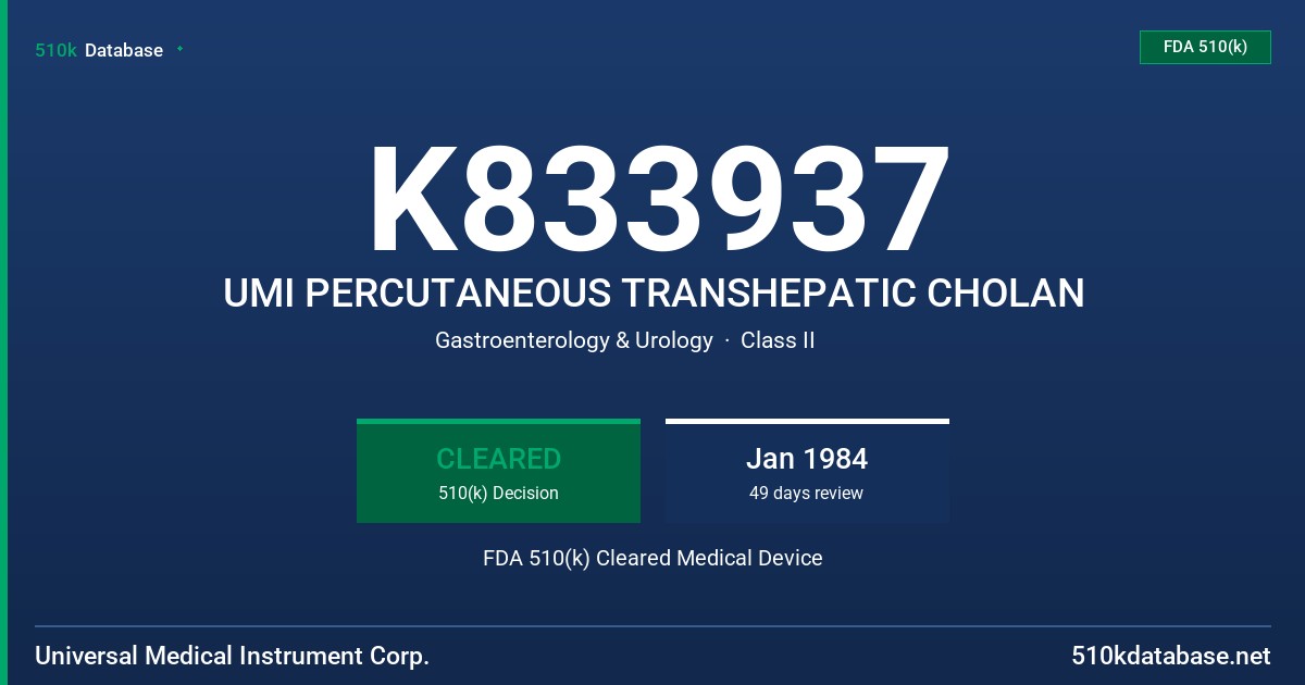 K833937 UMI PERCUTANEOUS TRANSHEPATIC CHOLAN FDA 510(k) Cleared Medical Device
