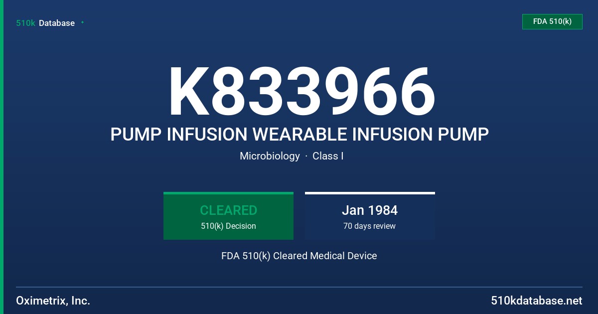K833966 PUMP INFUSION WEARABLE INFUSION PUMP FDA 510(k) Cleared Medical Device