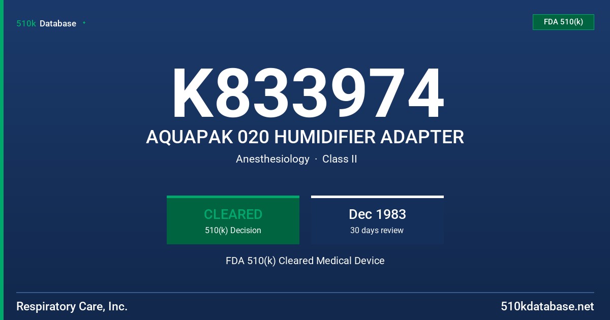 K833974 AQUAPAK 020 HUMIDIFIER ADAPTER FDA 510(k) Cleared Medical Device