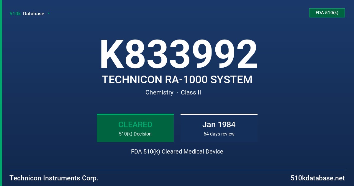 K833992 TECHNICON RA-1000 SYSTEM FDA 510(k) Cleared Medical Device