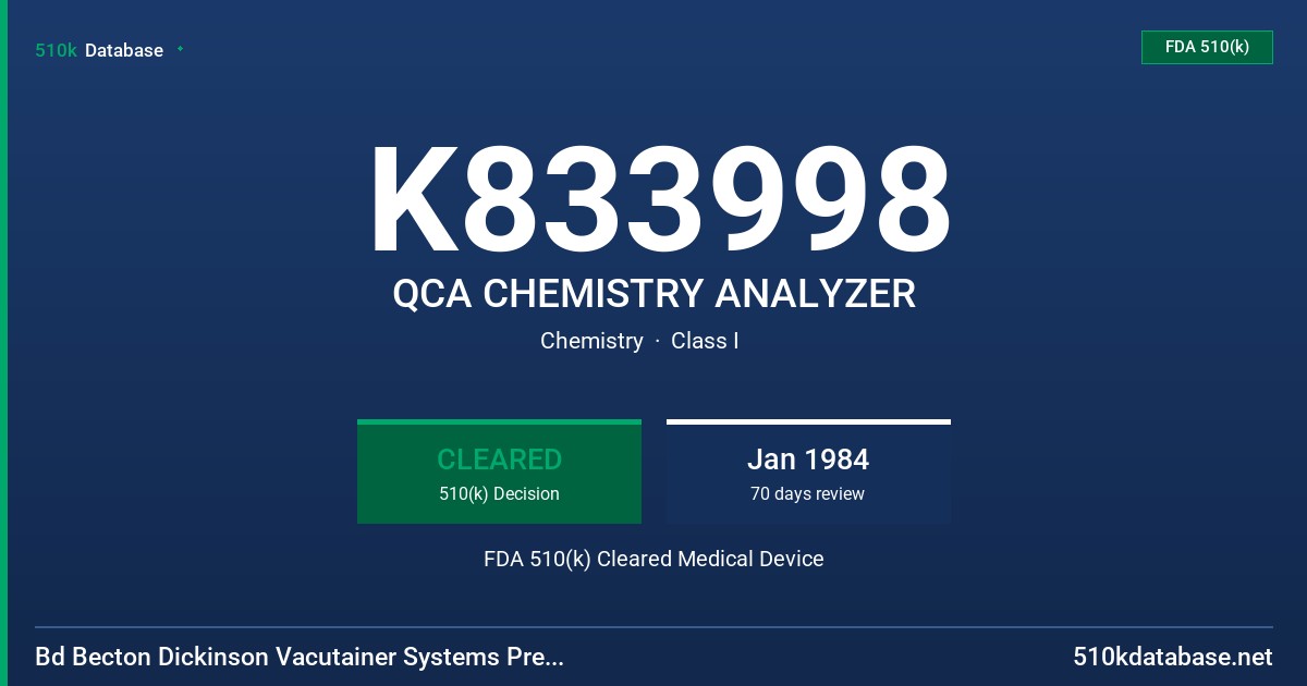 K833998 QCA CHEMISTRY ANALYZER FDA 510(k) Cleared Medical Device