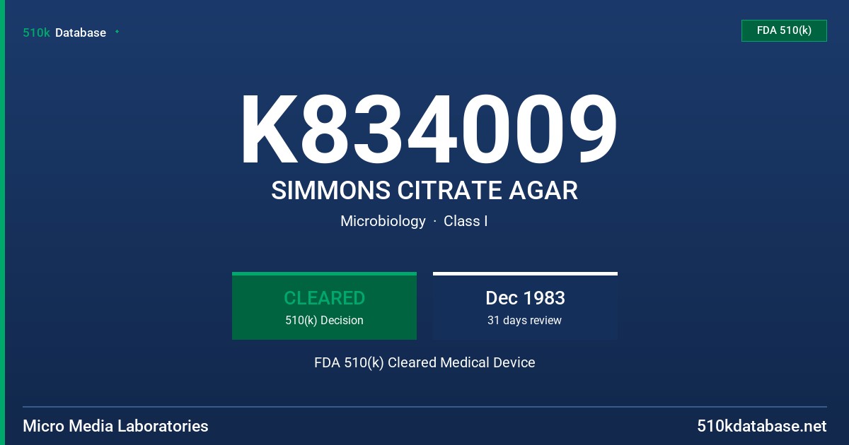 K834009 SIMMONS CITRATE AGAR FDA 510(k) Cleared Medical Device