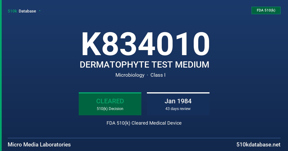 K834010 DERMATOPHYTE TEST MEDIUM FDA 510(k) Cleared Medical Device