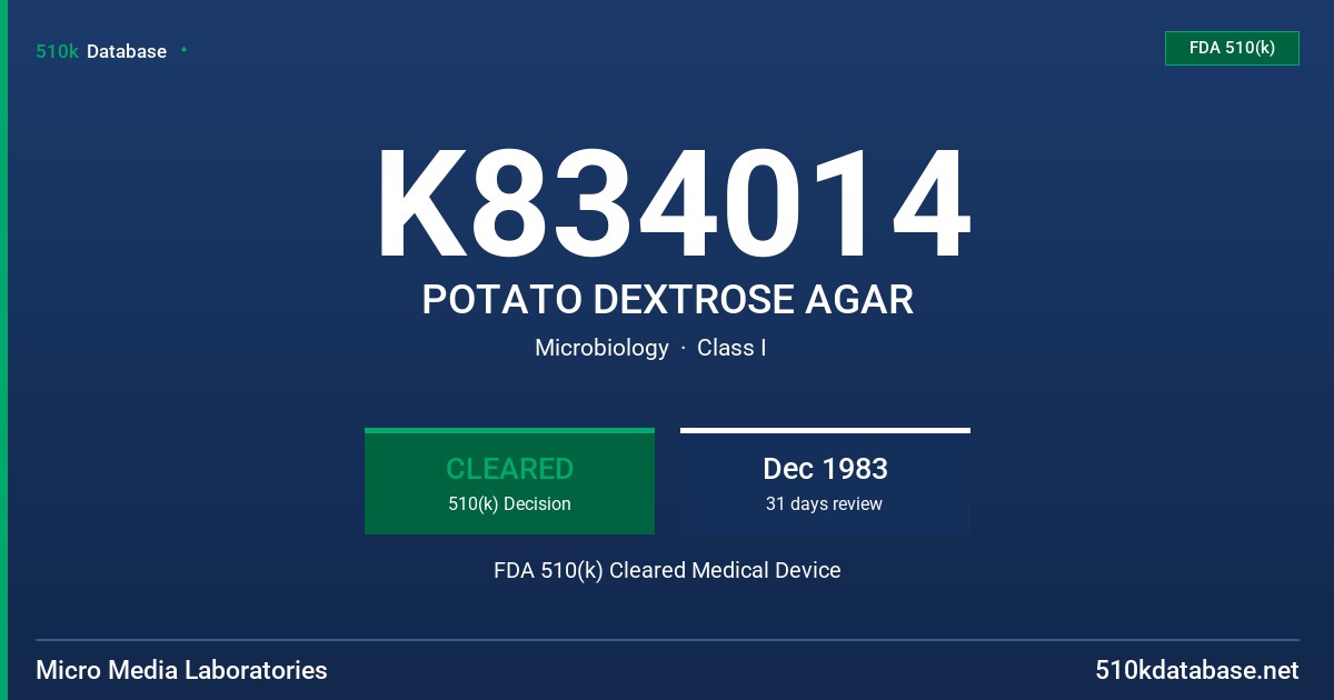K834014 POTATO DEXTROSE AGAR FDA 510(k) Cleared Medical Device