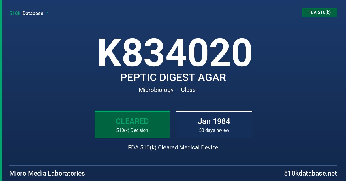 K834020 PEPTIC DIGEST AGAR FDA 510(k) Cleared Medical Device