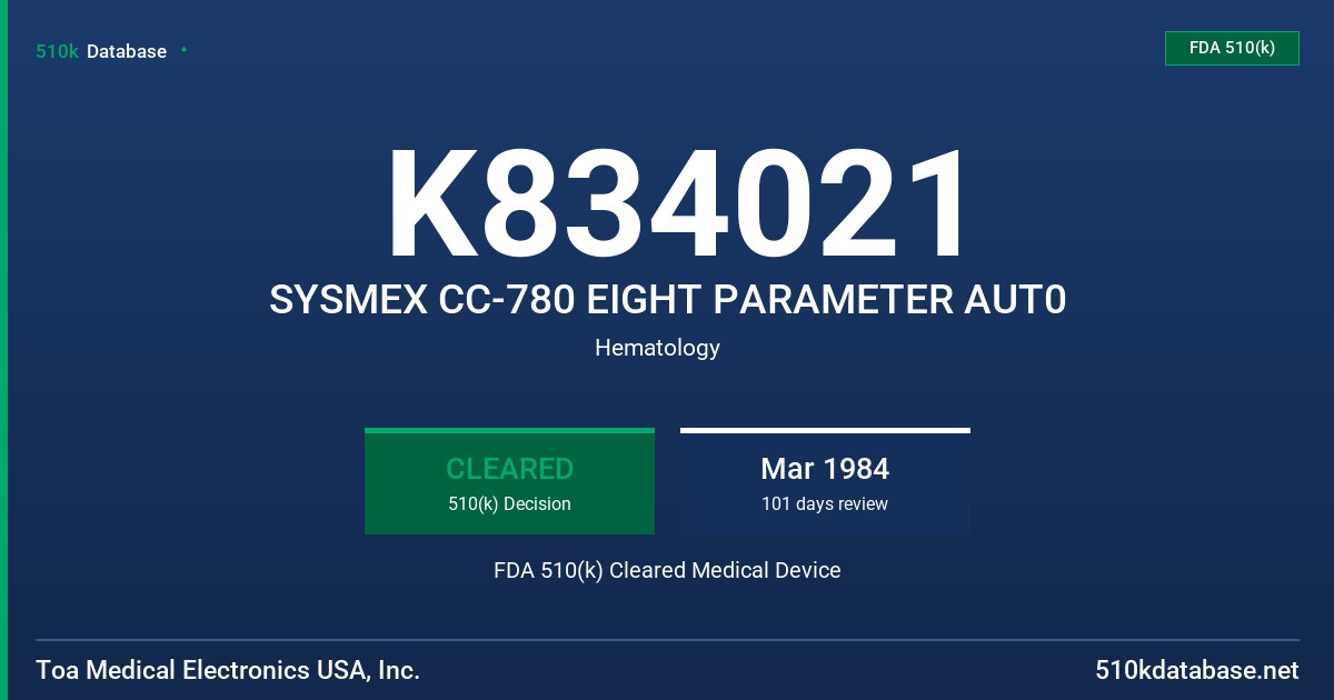 K834021 SYSMEX CC-780 EIGHT PARAMETER AUT0 FDA 510(k) Cleared Medical Device