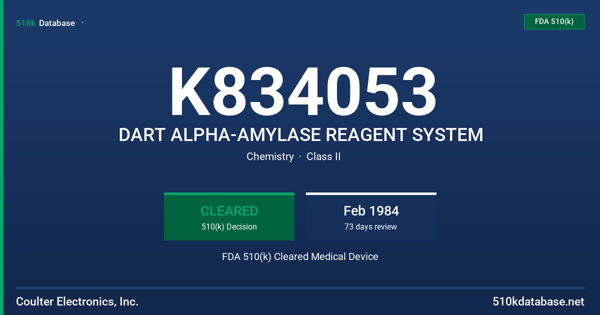 K834053 DART ALPHA-AMYLASE REAGENT SYSTEM FDA 510(k) Cleared Medical Device