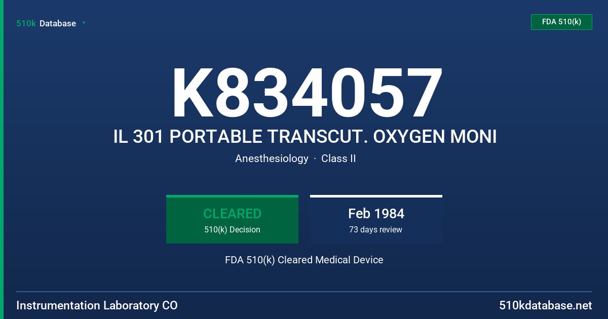 K834057 IL 301 PORTABLE TRANSCUT. OXYGEN MONI FDA 510(k) Cleared Medical Device